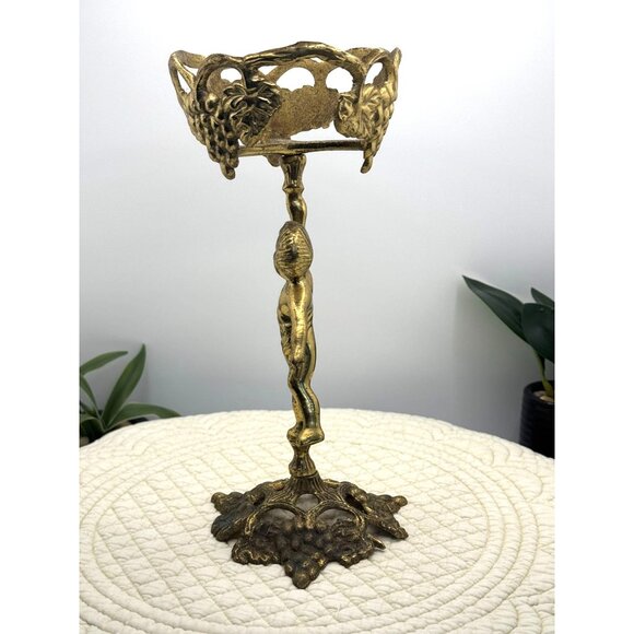 Vintage Gold Brass Cherub Candle Holder With Grapevine Design - Picture 10 of 15